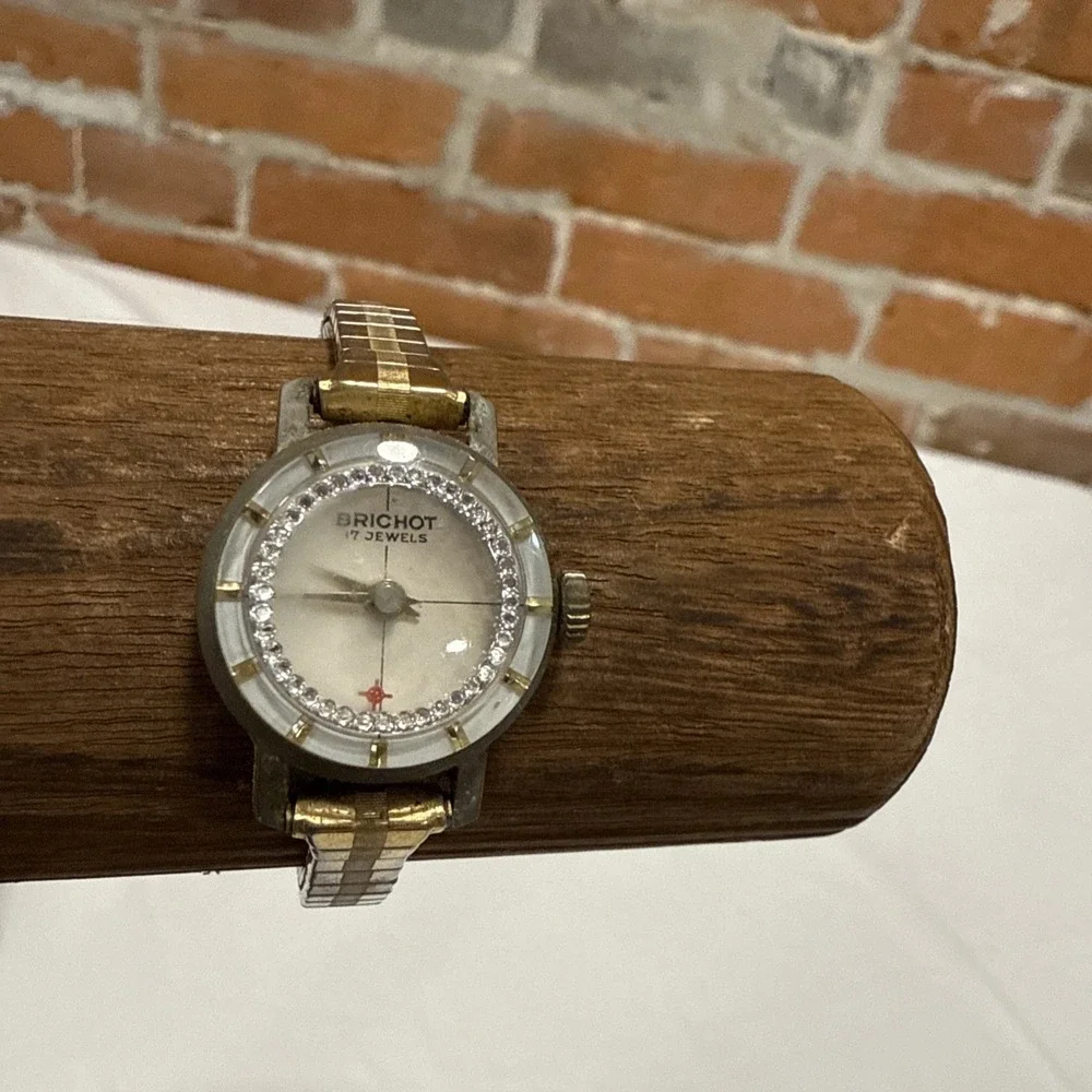 Vintage BRICHOT Watch Womens Silver Tone Stainless Steel Rhinestones Dial 60's